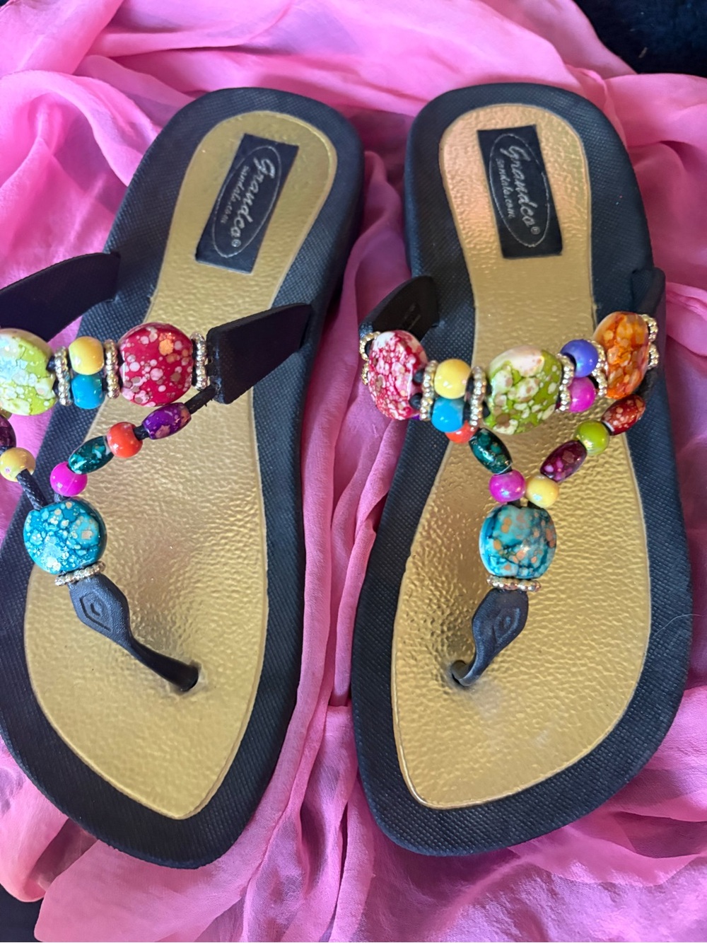 Beaded Multicolor Women's Thong Sandals - Gold Footbed marble effect